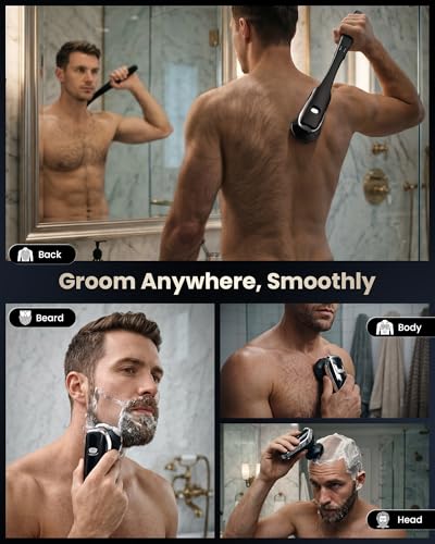 VIKICON Men's Back Razor: 2-in-1 Electric Body Razor with 6D Shaving Head, Folding Handle for Back Shaving, Waterproof Bodygroom for Body, Face, Head - Care Set for Men, Silver