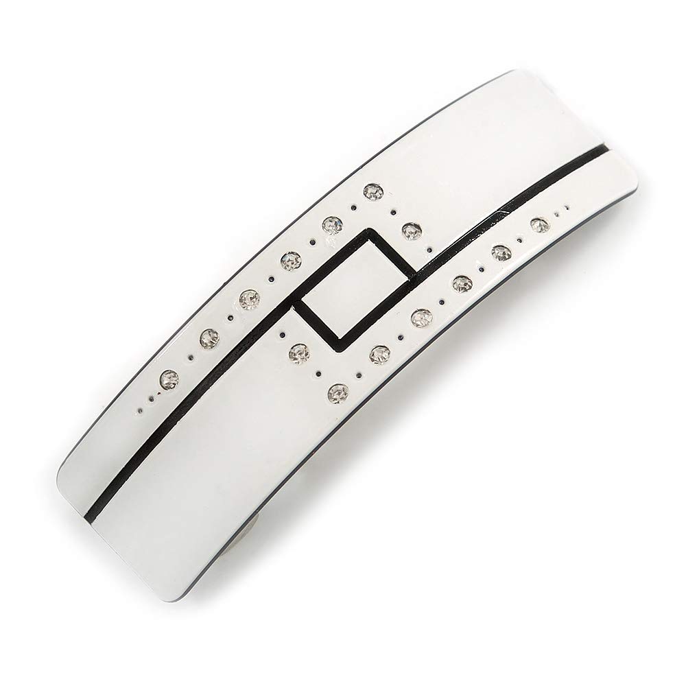 White/Black Acrylic Crystal Barrette Hair Clip Grip In Silver Tone Metal - 80mm Long