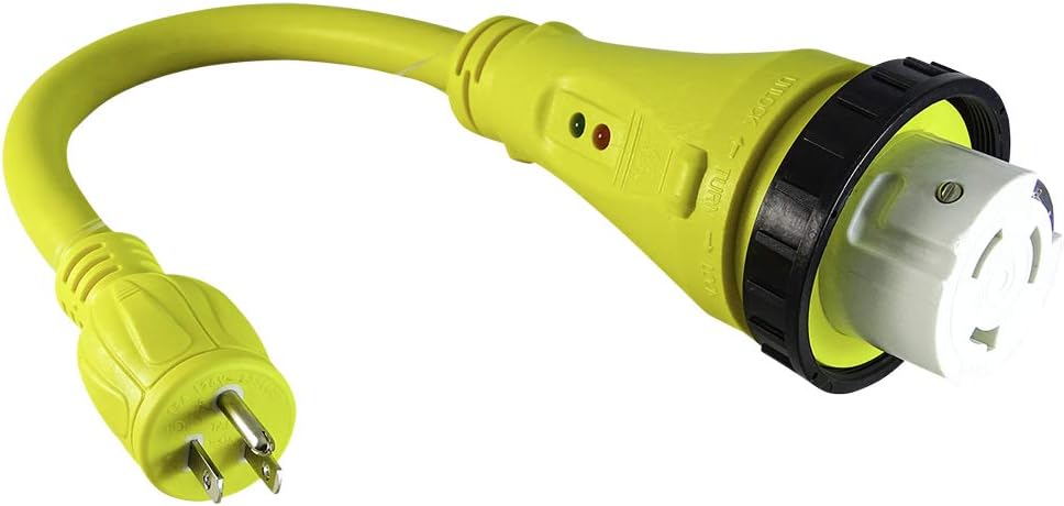 MARVINE Cable Shore Power Cord Adapter 30Amp Lock Male L5-30P to 15Amp Female 5-15R Pigtail 1.5Ft (30A L5-30P to 15A 5-15R): Home Improvement