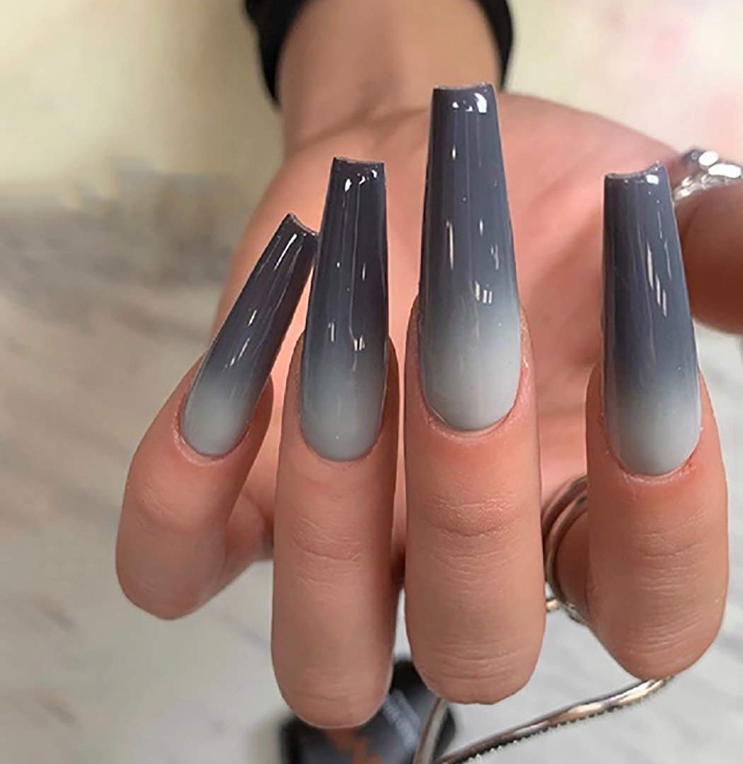 Unicra Ballerina Coffin False Nails Long Fake Nails Gray Acrylic Wedding Press on Nails Glossy Stick on Nails for Women and Girls(24pcs)