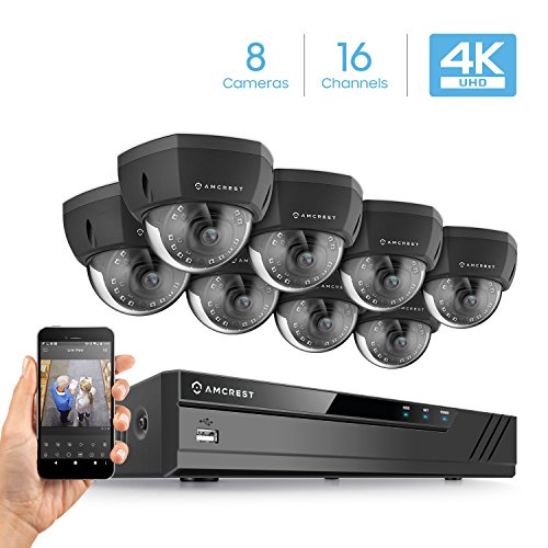 Amcrest 16CH 4K Security Camera System w/H.265 4K (8MP) NVR, (8) x 4K (8-Megapixel) IP67 Weatherproof Metal Dome POE IP Cameras (3840x2160), 2.8mm Wide Angle Lens, 98ft Nightvision (Black) - Amcrest