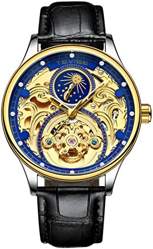 Business Luxury Tourbillon Automatic Mechanical Moon Phase Waterproof Leather Skeleton Man Watch (Black Blue)