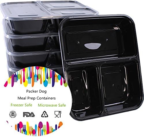 Packerdog 3 Compartment Rectangle Food 5 Pack Containers With Lids for Meal Prep Reusable Bento Lunch Box, Stackable Food Storage Microwave and Dishwasher safe With 5 Forks