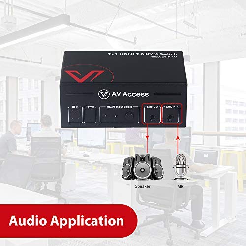 AV Access KVM Switch HDMI 2.0 2 Port IR Remote, 4K60Hz YUV444 18Gbps, 2x1 USB 2.0 Keyboard/Mouse/Printer/Monitor/PC selector, Audio Out/Mic in, HDR10, Dobly Vision, Dolby Atmos, HDCP 2.2, 2 in 1 Out