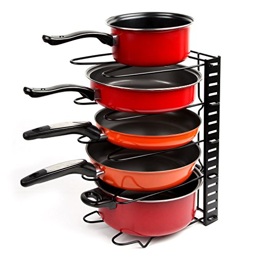 Height Adjustable Pan Organizer Rack, VDOMUS Pan and Pot Lid Holder Black Metal (Black)