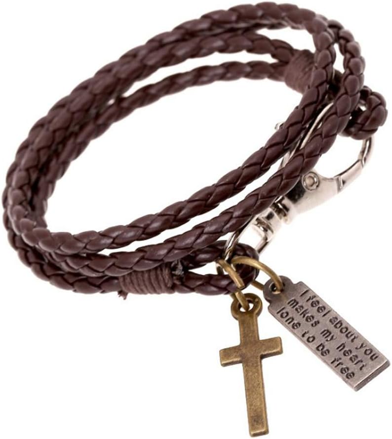 Men's Women's Braided Lover Cross Brown Leather Bracelet Punk Rock Style Wide Large Braided Handmade Cuff Cord Chain Popper Bangle