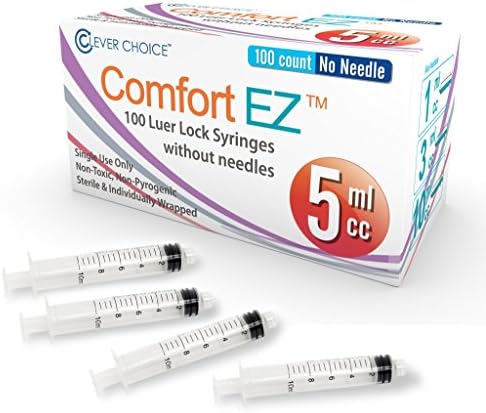 5ml Syringe Only with Luer Lock Tip - 100 Syringes by Comfort EZ (No Needle)