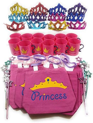 Princess Party Pretend-Play Pack for 12-60 items - 12 Canvas Tote Bags, 12 Brilliant Sequin Tiaras, 12 plastic 8 oz Cups, 12 Mini Star Wands, 12 Rubber Princess Bracelets