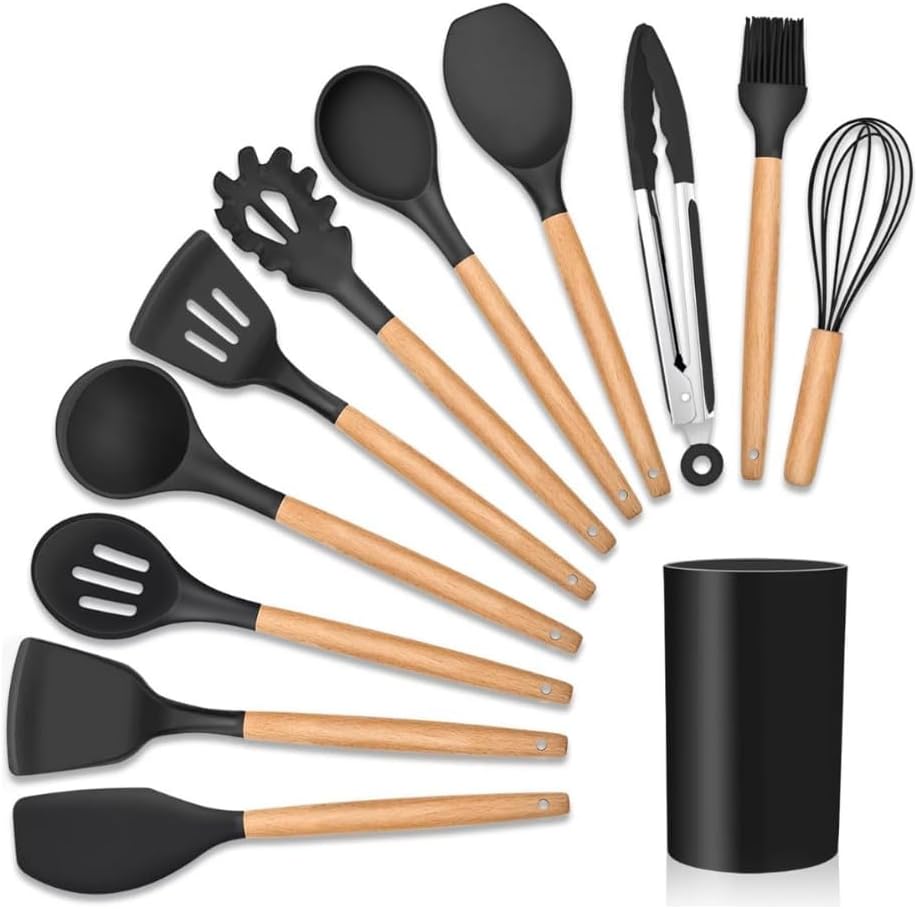 Kit 12 Utensílios De Cozinha Em Silicone E Cabo De Madeira GAXMARK | Jogo de Utensílios, Resistente ao Calor, Antiaderente, Premium