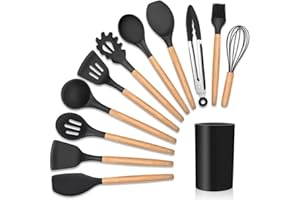 Kit 12 Utensílios De Cozinha Em Silicone E Cabo De Madeira Jogo De Utensílios Resistente ao Calor Antiaderente Premium GAXMARK