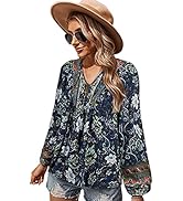 KAYWIDE Women's Casual Boho V Neck Top Loose Floral Printed Long Sleeve Beach Shirts Blouses