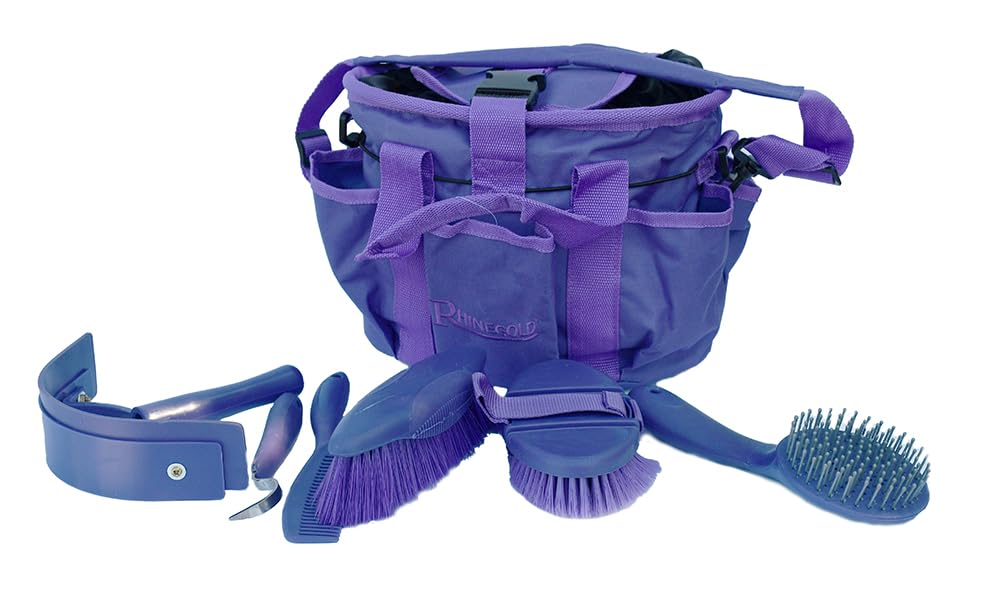 Rhinegold PURPLE GROOMING BAG WITH KIT, 7 Pieces Equestrian Grooming Gift Set that Includes All Types of Horse Hair Brush, Curry Comb, and Hoof Pick with a Multipurpose Horse Grooming Bag