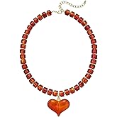 BOFILL Chunky Heart Penadnt Necklace for Women Red Statement Puff Acrylic Beaded Chain Dangle Jewelry Gifts