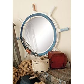 Deco 79 Wood Sail Boat Ship Wheel Wall Mirror with Netting Accent, 25" x 2" x 25", White 51RDXMytvFL