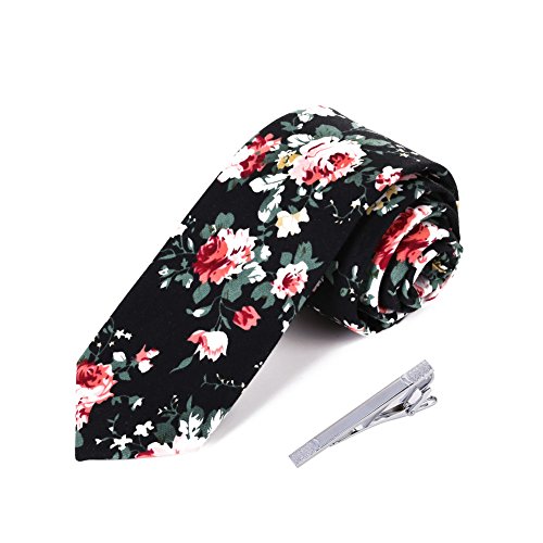 Skinny Ties Men's Cotton Printed Floral Neck Tie with Tie Clip