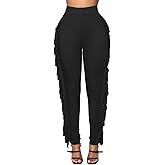 Women's High Waisted Fringe Pants Casual Going Out Rave Club Outfits Leopard Tassels Yoga Leggings Sweatpants
