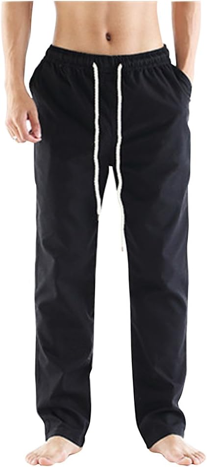 SOIXANTE Men's Casual Linen Trousers Elastic Waist Pants with Drawstring , Black
