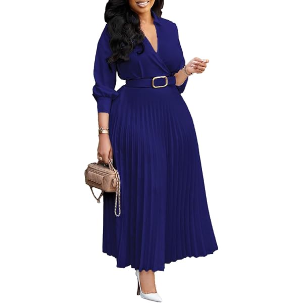 Women Pleated Shirt Dress Plus Size 3/4 Sleeve Laple Neck A Line Flowy Maxi  Dresses Casual Belted Long Dress (A-Blue, L) at Amazon Women's Clothing  store