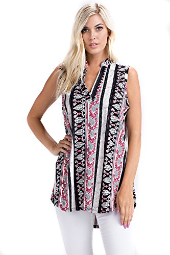 Betsy Red Couture Women's Soft Knit Sleeveless Notch Neck Tunic Top (L, BR-B7084/ Floral Black Combo)