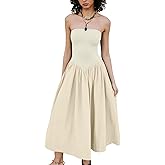 Loafawes Womens 2025 Summer Strapless Maxi Dress Casual Patchwork Tube Top Dress Solid Long Flowy Dress for Vacation Apricot