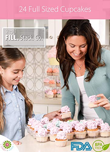 (24 Pack x 10 Sets) STACK'nGO Cupcake Carriers - High Tall Dome Clear Containers Thick Plastic Disposable Storage Boxes. 2 Dozen Compartments Slots Holder Cupcakes Box Tray Container. Cup Cake Holders