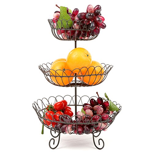 MyGift 3 Tier Country Rustic Fruit Baskets, Metal Kitchen Storage Rack, Brown