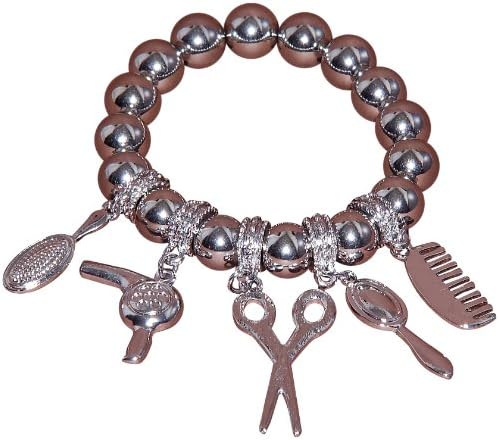 Hair Stylist Dresser Beautician Silvertone Stretch Scissors Dryer Comb Charm Bracelet