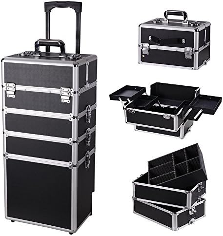 Professional 4 in 1 Aluminum Rolling Cosmetic Makeup Train Case, Trolley Organizer with Keys, Black