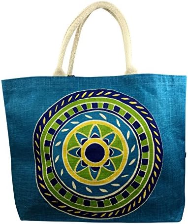 Summer Solstice Large Jute Medallion Tote Bag, Aqua Blue