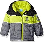 U.S. Polo Assn. Baby Boys' Heavyweight Bubble Jacket, Medium Heather Grey/Lime, 24 Months