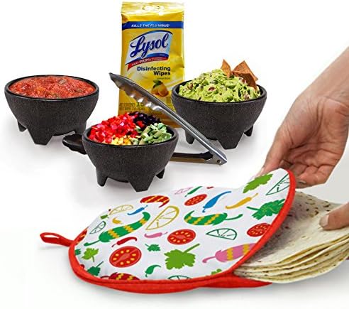 Tortilla Warmer Keeper Microwave Food Server. 10 Inch Cloth Insulated, Holds 15 Tortillas Hot for 1 hour - Stainless tongs, Guacamole Bowl (3), Molcajete Serving Dishes. Bonus Lysol Wipes