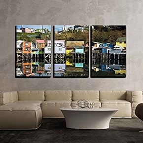 3 Piece Canvas Wall Art - Palafitos Houses are Distinctive Examples of Chilote Architecture - Modern Home Art Stretched and Framed Ready to Hang - 16"x24"x3 Panels