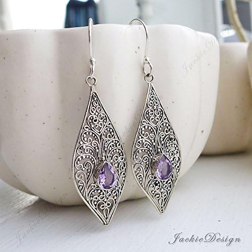 Triple Rain Drop Purple Amethyst Tear Drop Bali Sterling Silver Earrings JD224