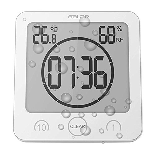 Digital Shower Clock with Timer Temperature Humidity Monitor Function, Waterproof Bathroom Clock for Water Spray, Special Mirror Suction Clock [Touch Screen] [Table Desk Stand or Wall Hanging] (White)