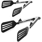 STARUBY Kitchen Tongs 9 inches and 12 inches Fish Spatula Stainless Steel Locking with Silicone Tips Cooking Salad Buffet BBQ