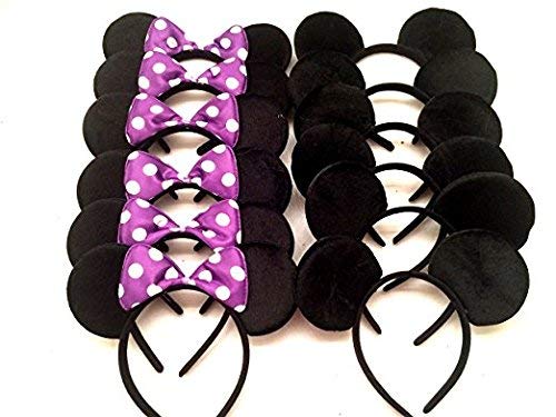 CLGIFT 12 pc Mickey Mouse Ears Solid Black and purple Polka dot Bow Minnie Headband for Boys and Girls Birthday Party
