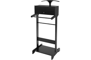 Blisiour Valet Stand with Drawer and Top Tray, Wood Mens Suit Valet Stand with Wood Base, Freestanding Clothes Valet Stand with Hanger, Storage Organizer for Entryway Office Living Room (E, Black)