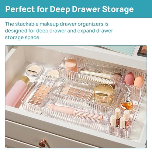 Uniiking® 7 PCS Clear Drawer Organizer Bins, 4-Size Stackable Makeup and Vanity Makeup Organizer Trays, Acrylic Bathroom Drawer Storage Containers for Cosmetic, Office Supply
