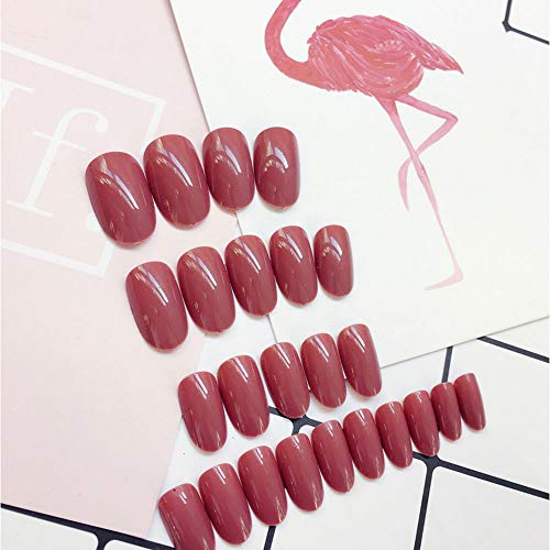 NEW Style False Nails Elegant Bridal Solid Rebellious Rose Ellipse Short Full Cover False Nail with Glue Stickers and Mini File (Dark Pink)