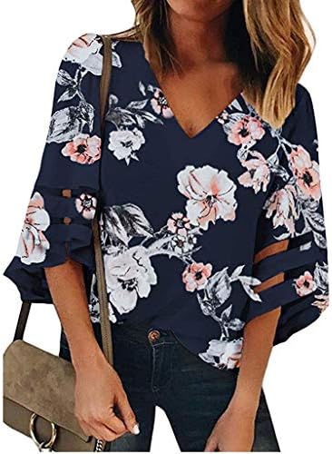 Pongfunsy Women's Summer Tops, Women's 3/4 Bell Sleeve Shirt Loose Casual Mesh Panel Blouse Trendy Patchwork Top 2019