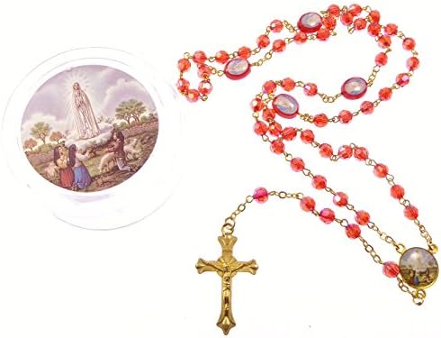 The Catholic Company Red Iridescent Our Lady of Fatima Rosary Beads in Gift Box with 6mm Beads