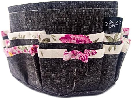 Oh Girl Designer Purse / Handbag Organizer Insert - Rigid Heavy Duty Cotton Construction Won’t Collapse in Your Bag (Length 10.5" Width 5.5" Height 6", Dark Jeans with Pink &amp; White Floral Trim)