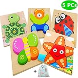 Dinana Wooden Animal Jigsaw Puzzles for Toddlers 1 2 3 4 Years Old, Educational Toys Gift with 5 Pcs Chunky Bright Vibrant Color Shapes Lovely Animal, Free Drawstring Bag for Easy Storage