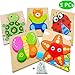 Dinana Wooden Animal Jigsaw Puzzles for Toddlers 1 2 3 4 Years Old, Educational Toys Gift with 5 Pcs Chunky Bright Vibrant Color Shapes Lovely Animal, Free Drawstring Bag for Easy Storage