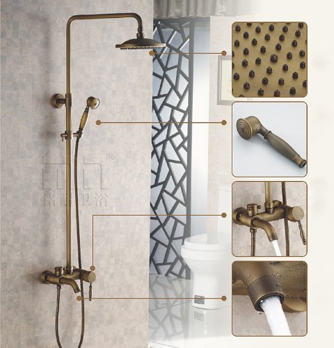 Rozinsanitary Elegant Antique Brass Bathroom Shower Faucet Set Tub Faucet 8 Inch Shower Head