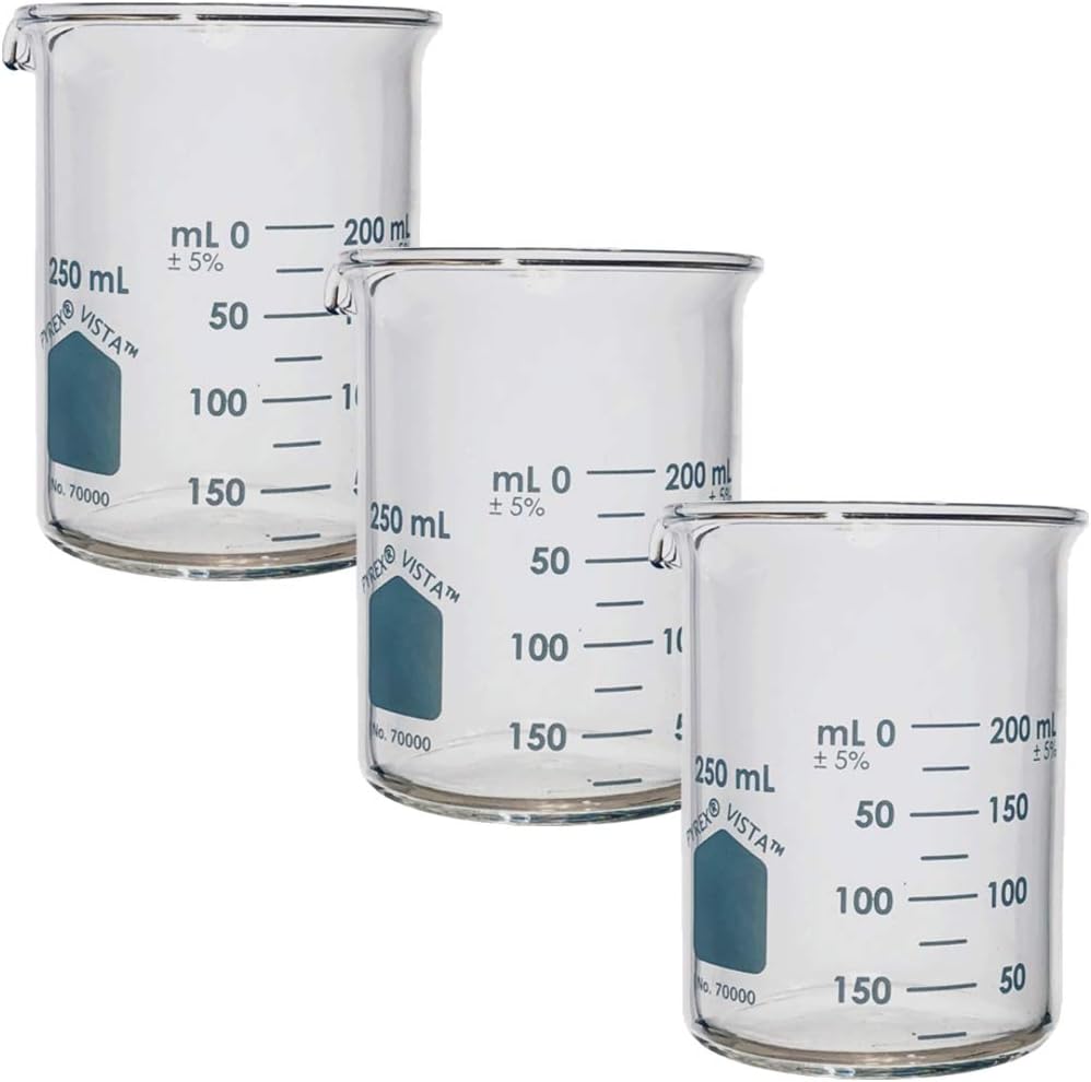 Pyrex Vista #70000-250, 250ml Griffin Low Form Beaker, Double Scale, Graduated (Pack of 3)