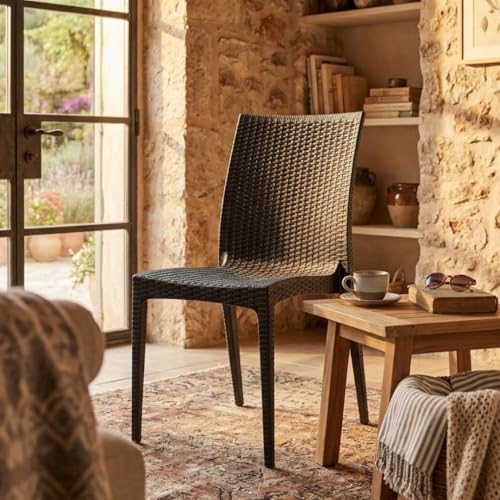 MARCOLO Modern Rattan Dining Chair, Outdoor & Indoor Wicker Chair, Lightweight Patio Seating Chair for Home, Balcony & Cafe (Black)