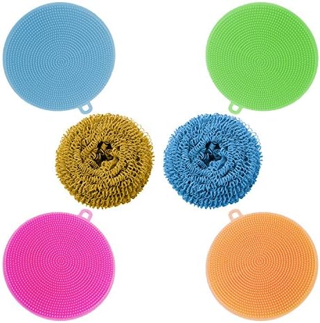 Silicone Sponge, Diswashing Sponge, Qiandy 4pcs Kitchen Sponges and 2pcs Scourers,Mildew-free,Food Grade, Antibacterial for Pan Bowl Fruit Vegetable(Scourer Color Sent Randomly) Pack of 6
