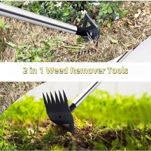 Weed Puller Tool with Long Handle, 2 in 1 Manual Weed Rake and Garden Hoe 150cm Weed Remover Gardening Tools Weeding Pull for Garden Yard Lawn Patio