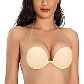 JOATEAY Women's Strapless Backless Bra Plunge Push Up Underwire Adhesive Halter Bra with Clear Strap